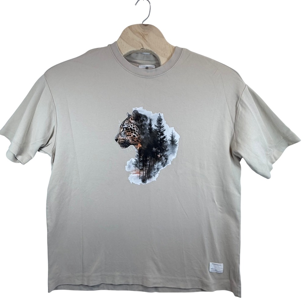 Encrypted Graphic Tee Mens XL Beige Leopard Forest Oversized Short Sleeve Shirt